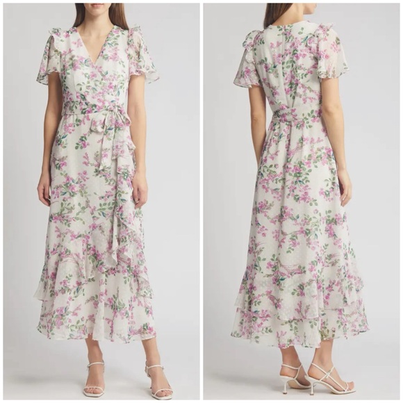 Eliza J Lilac White Floral Wrap Ruffled Tie Front Midi Dress - Picture 15 of 15